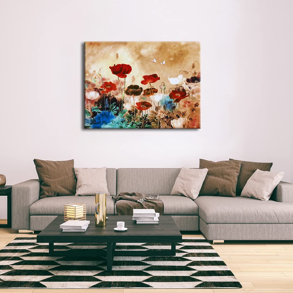 Wieco Art Blooming Poppies Extra Large Modern Gallery Wrapped Contemporary Flowers Giclee Canvas Print Floral Paintings Reproduc
