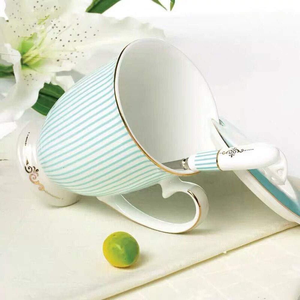 Ybk Tech Euro Style Porcelain Tea Cup Coffee Mug With Lid For Breakfast Home Kitchen ((Blue Stripe Pattern) (Blue))