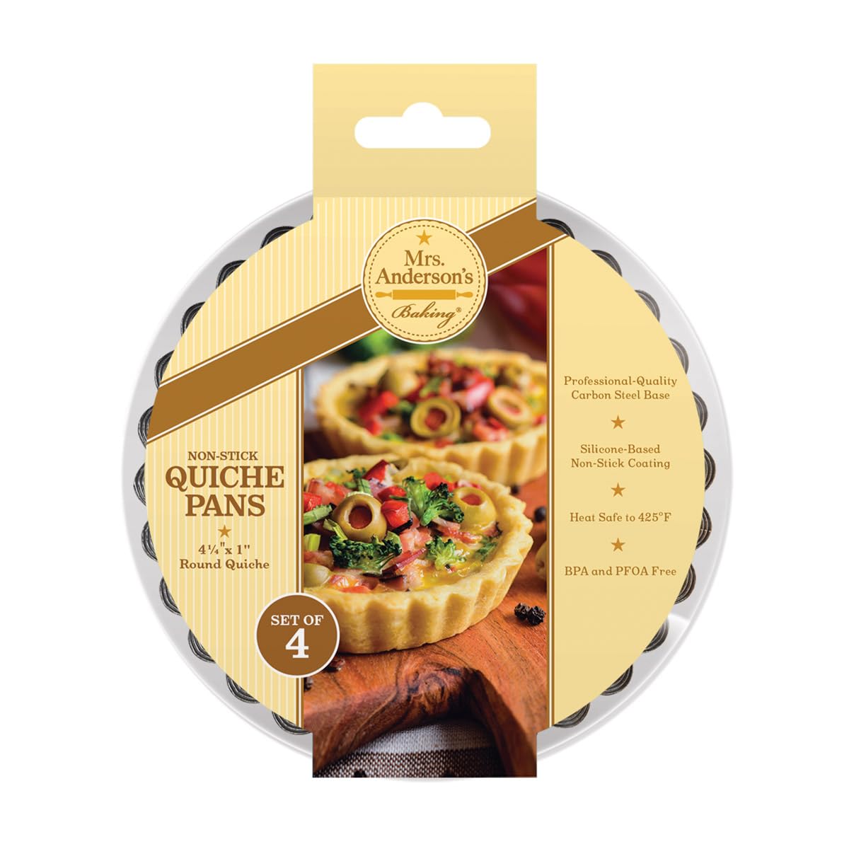 Mrs. Anderson'S Baking Quiche Pan Set, Non-Stick Carbon Steel, 4.25-Inches, Set Of 4