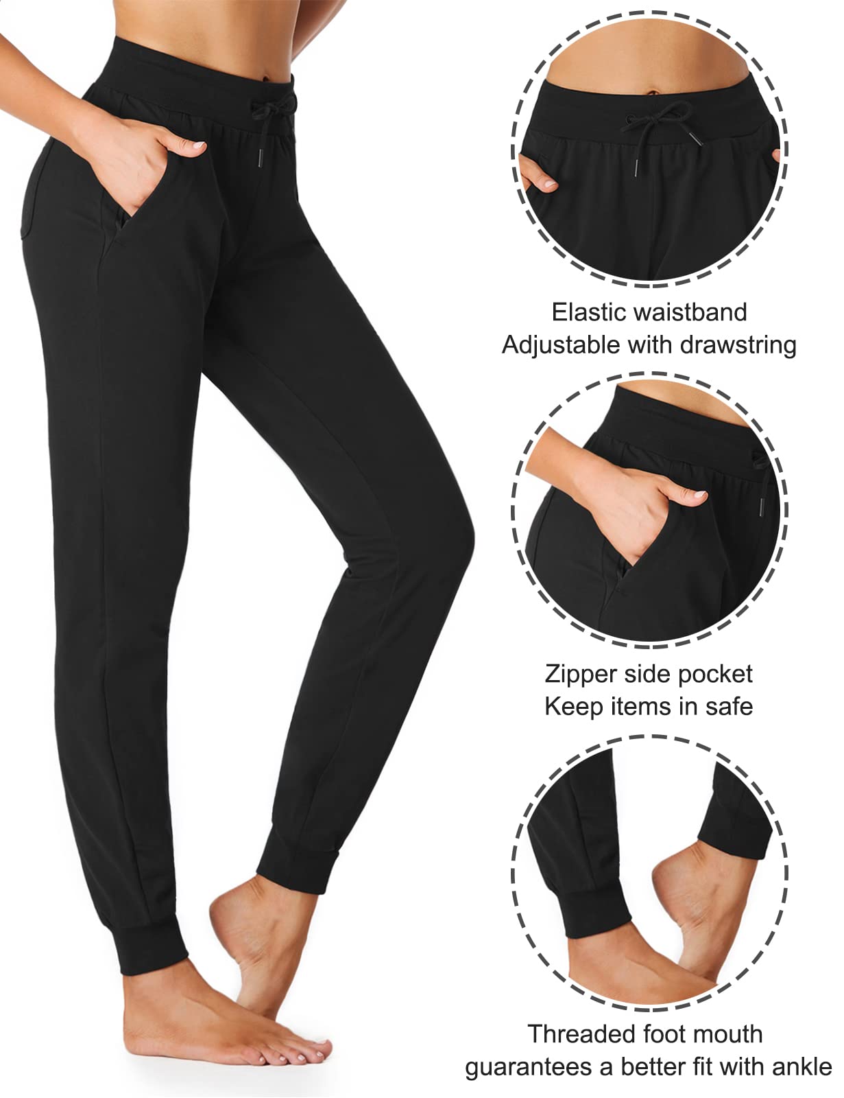 Sevego Lightweight Womens 30 Tall Inseam Cotton Soft Jogger With Zipper Pockets Cargo Pants Black Small