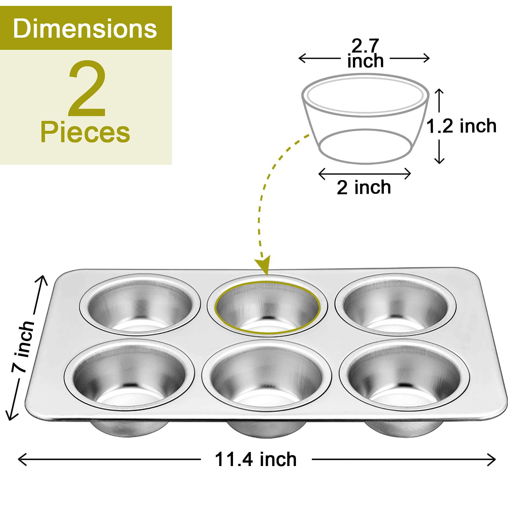 P&P Chef Muffin Pan Cupcake Pans Set Of 2, Stainless Steel Muffin Pans (6-Cups), For Mini Brownie Tart Quiches, Healthy & Durabl