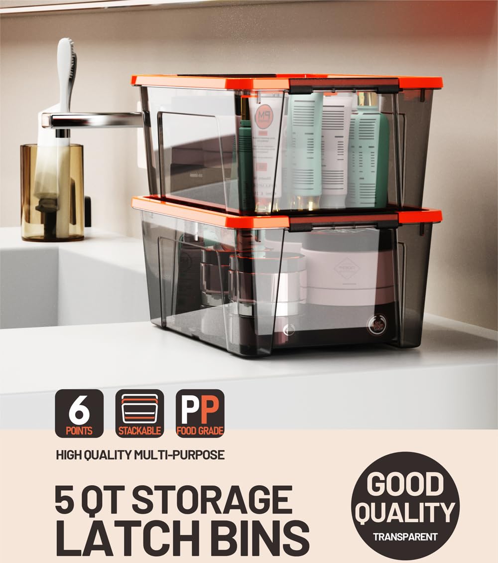 Wyt 5-Quart Small Storage Container Bin With Orange Secure Lid And Black Clear Latch Buckles, Durable Plastic Stackable Nestable