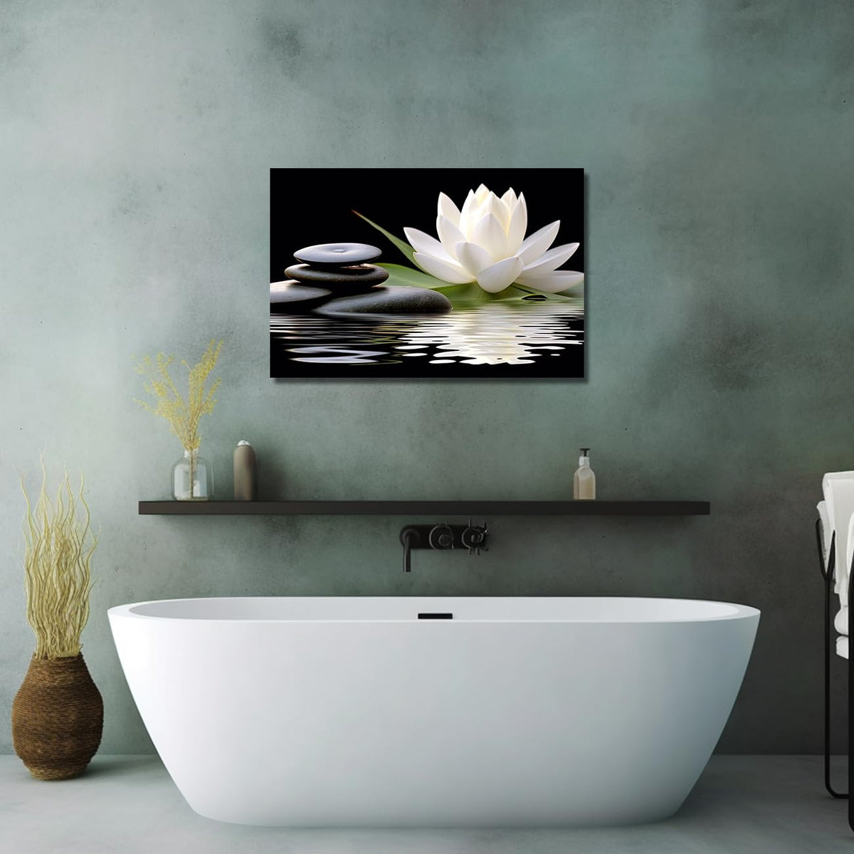 Lzimu Zen Canvas Wall Art White Lotus And Black Zen Stones Bloom In Wa ...