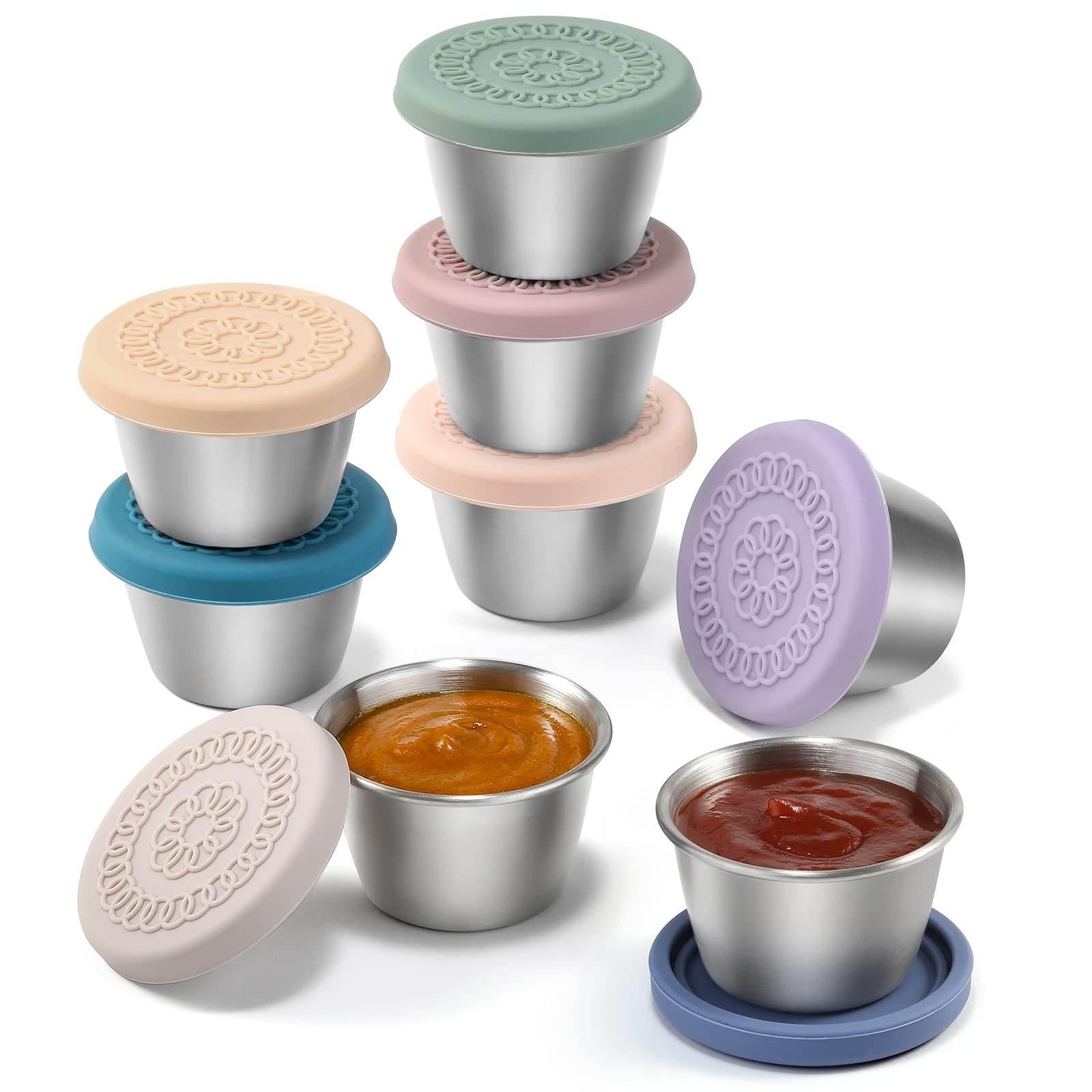 [8 Pack] Salad Dressing Container To Go, 2.4Oz Small Condiment Containers With Leakproof Silicone Lids, Reusable Stainless Steel
