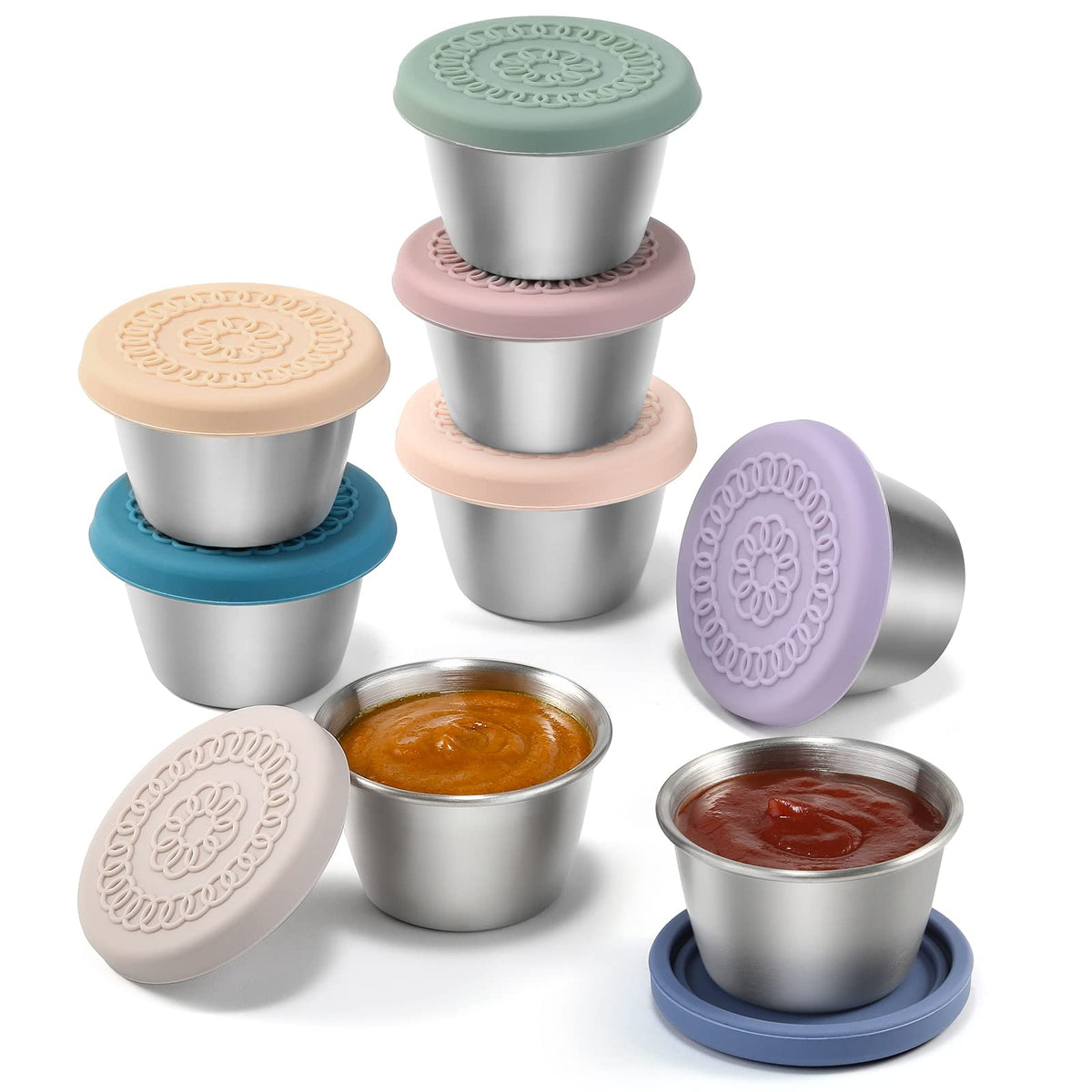 [8 Pack] Salad Dressing Container To Go, 2.4Oz Small Condiment Containers With Leakproof Silicone Lids, Reusable Stainless Steel