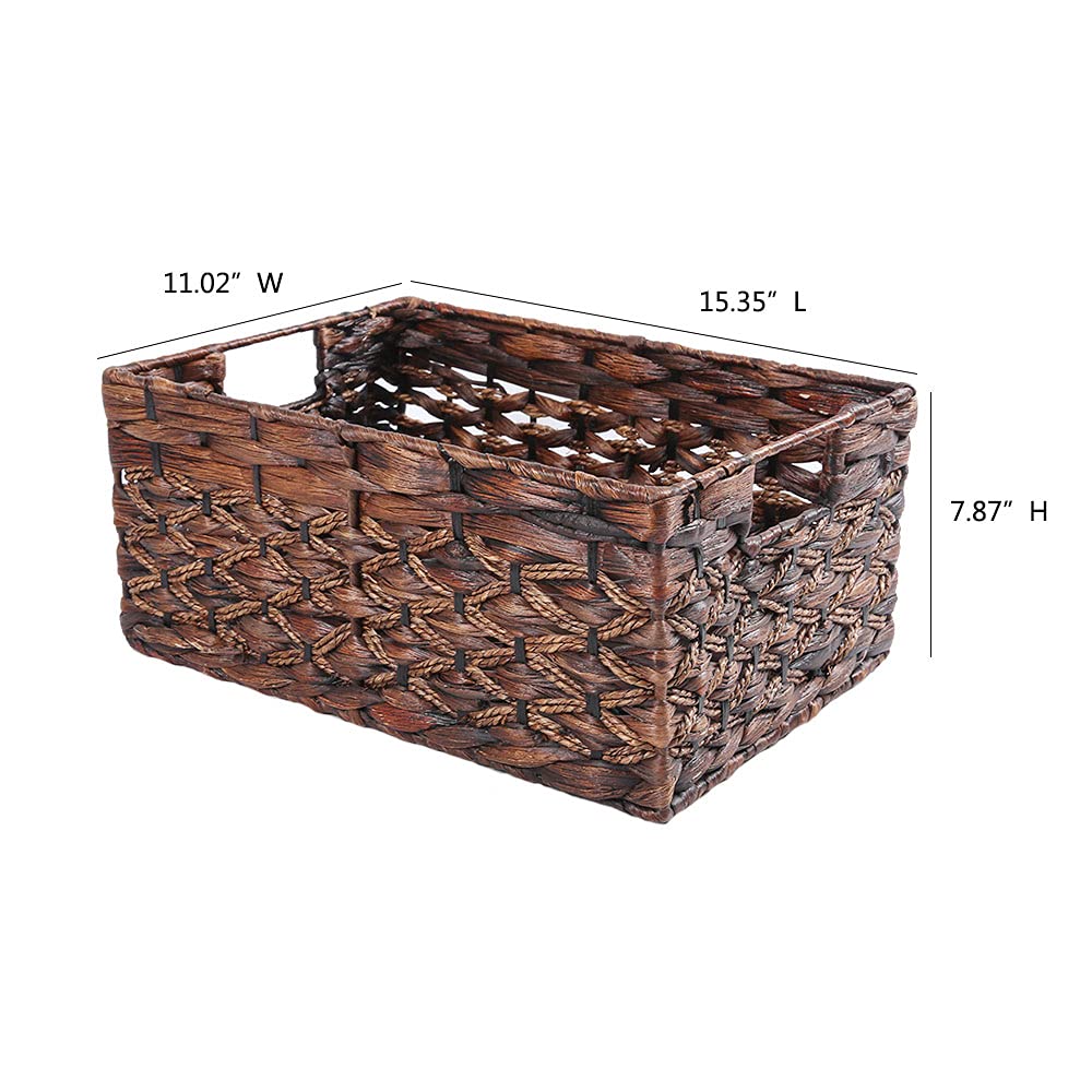 Rectangular Wicker Storage Basket, Dark Water Hyacinth Basket With Inside Handles Shelves Kitchen Office Desk (Large)