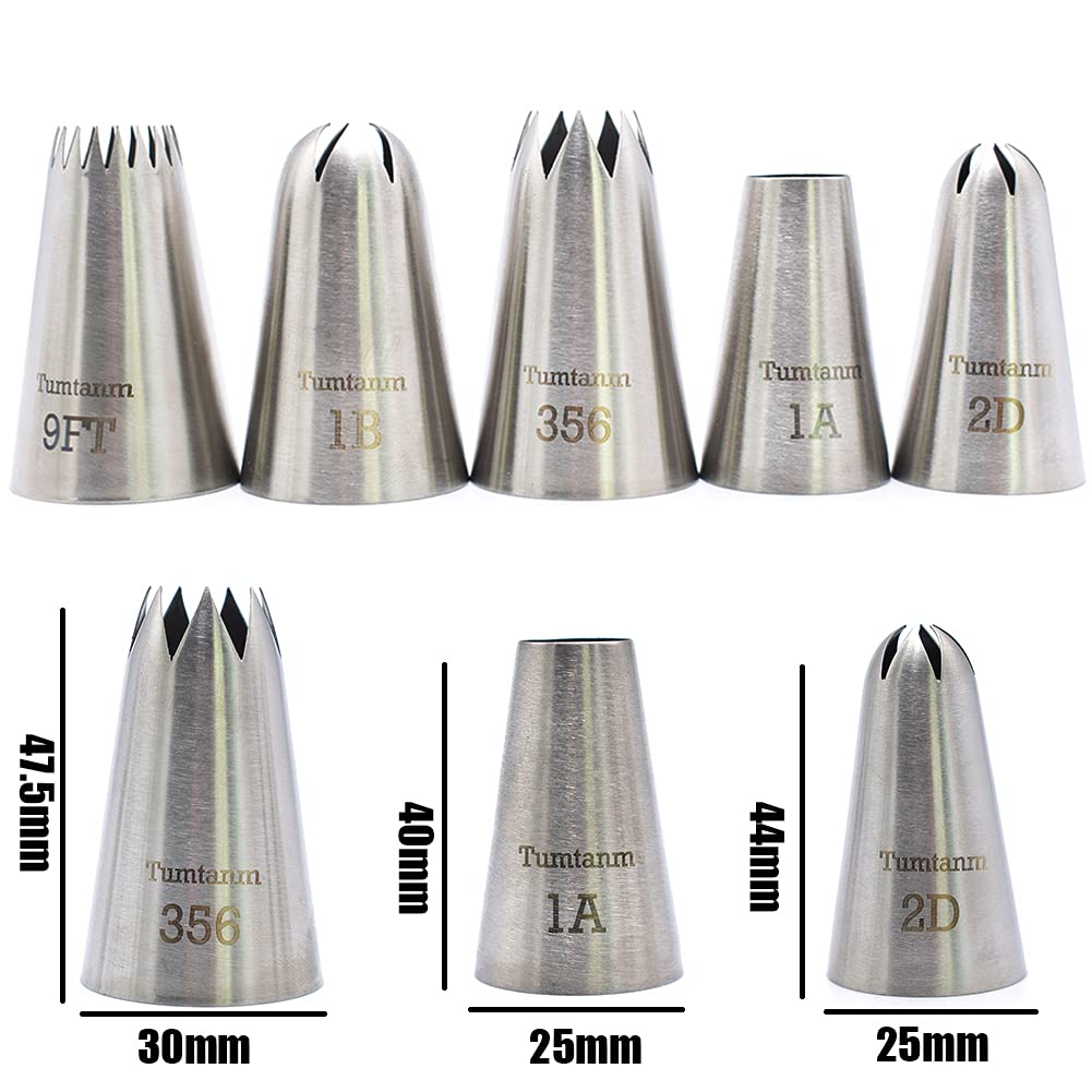Tumtanm 9Ft 1B 356 1A 2D# Seamless Stainless Steel Piping Icing Tips, 5 Pack Extra Large Piping Nozzles Cupcake Decorating Kit