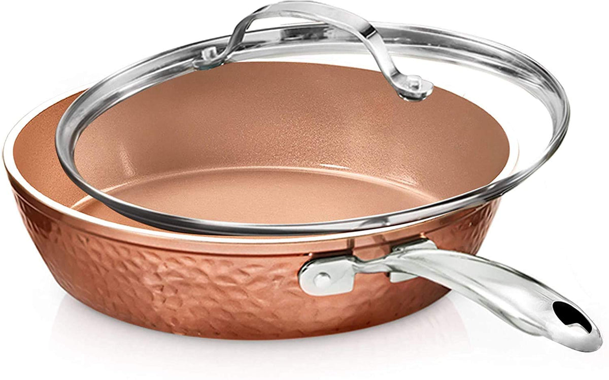 Gotham Steel 9.5'' Hammered Pan With Tempered Glass Lid And Cool Touch Handles, Ultra Nonstick Fry Pan, Scratch Resistant Dishwa