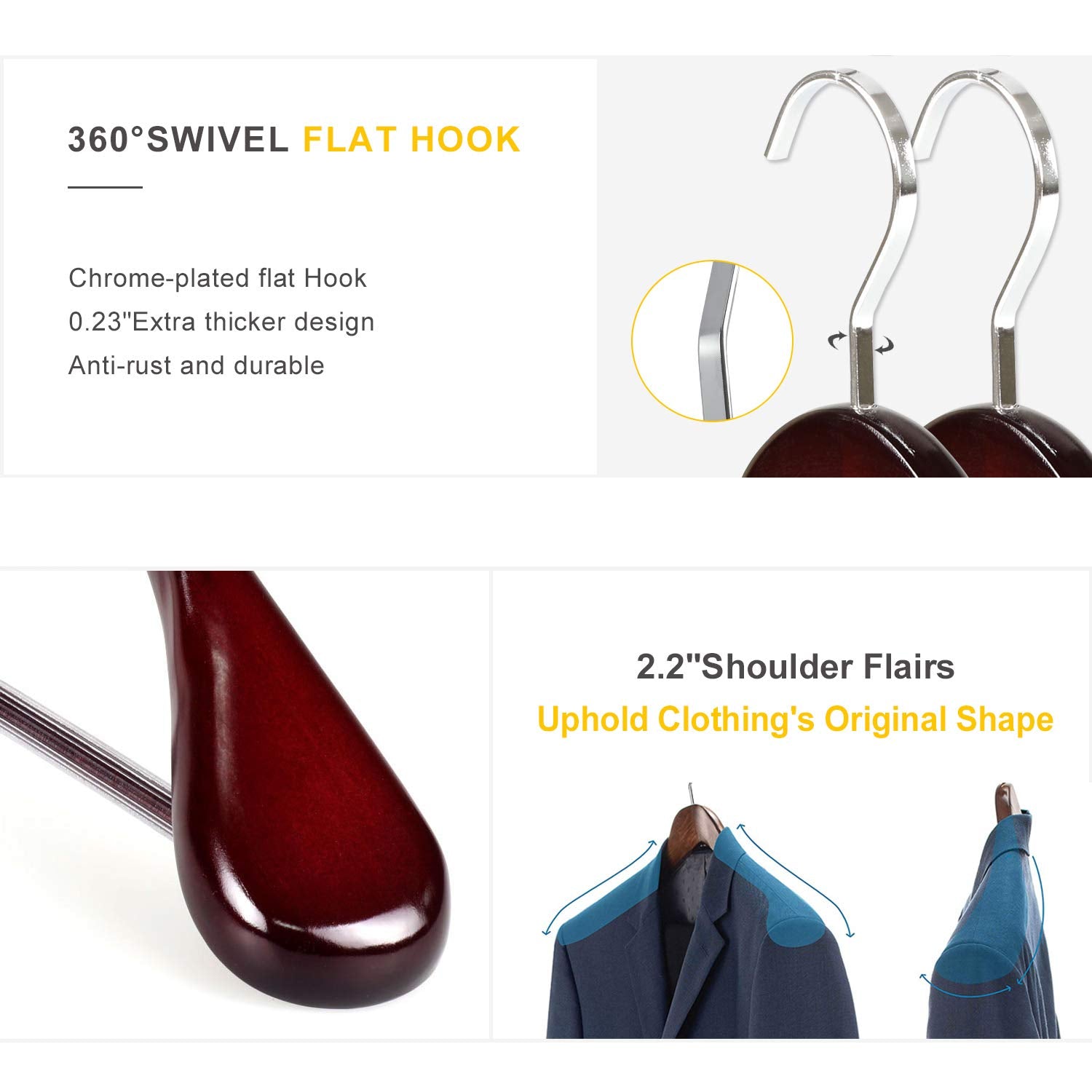 Topia Hanger Set Of 6 Luxury Mahogany Wooden Coat Hangers, Premium Wood Suit Hangers, Glossy Finish With Extra-Wide Shoulder, Th