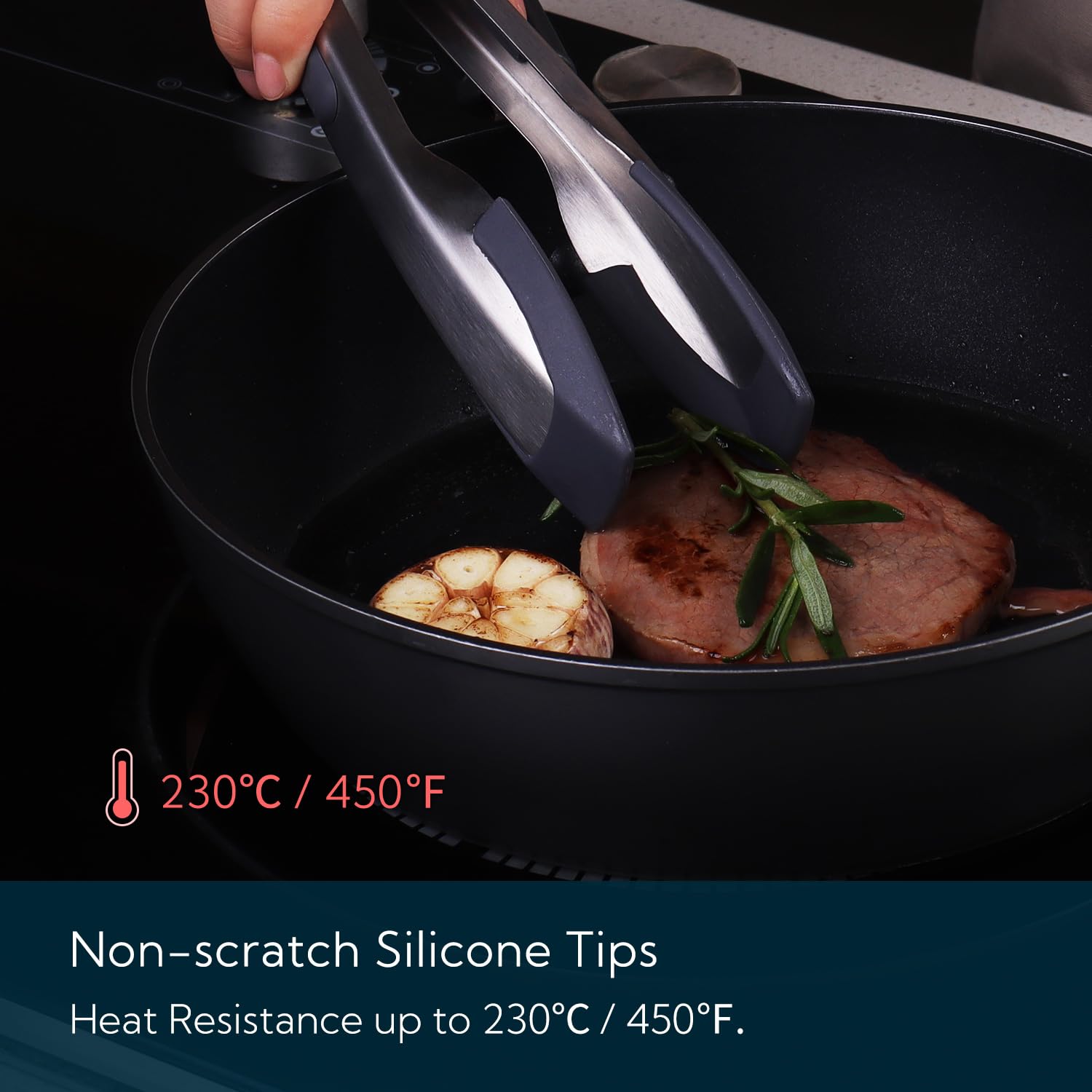 Kitchendao Tongs For Cooking With Silicone Tips 9 Inch, One-Handed For Convenience, Soft-Touch Handle, Silicone Tipped Stainless