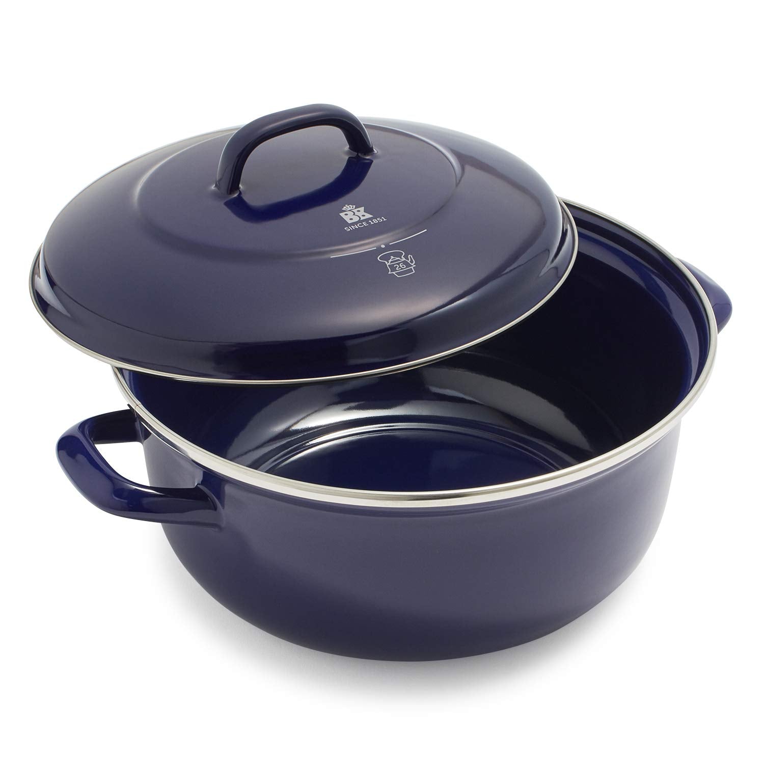 BK Indigo Dutch Heritage Round German Enamelled Casserole with Lid with PFASFree Ceramic NonStick Coating, 26 cm/5.2 Litre, In