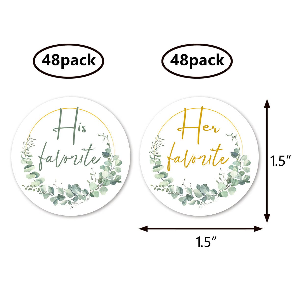 Greenery His Her Favorite Stickers, 1.5 Inch Wedding Bridal Shower Party Favor Labels 96-Pack