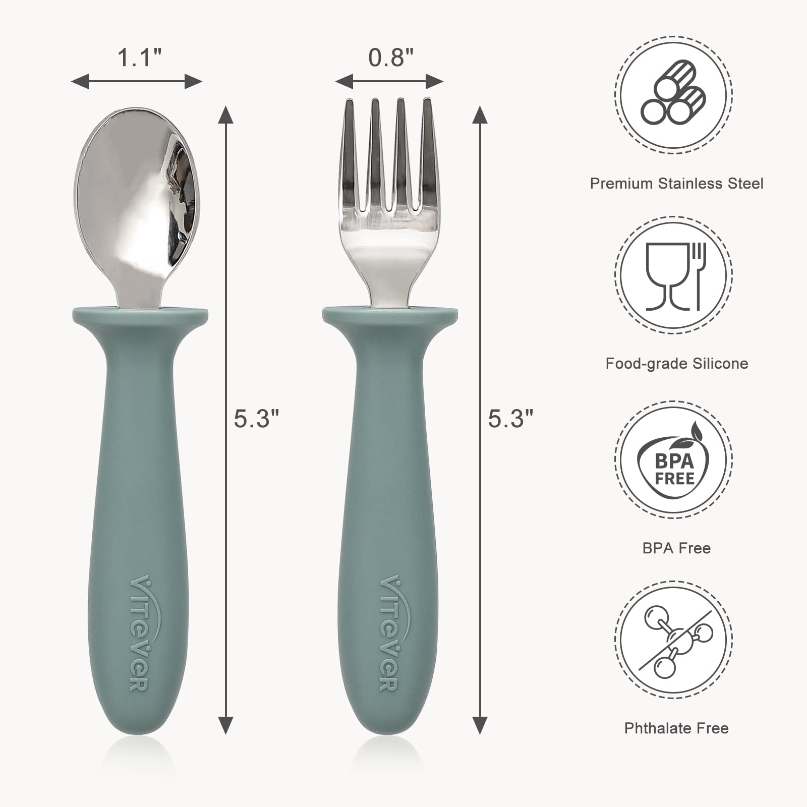 VITEVER 6 Pieces Toddler Utensils, Kids Silverware Set with Silicone Handle, Children Safe Spoons and Forks, 18/8 Stainless Stee
