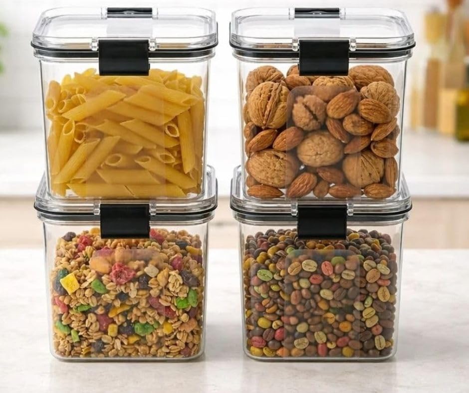Home Lane Airtight Food Storage Container Set Of 4, 700Ml Each, Clear Plastic Kitchen Organizer Jars With Silicone Seal, Square 