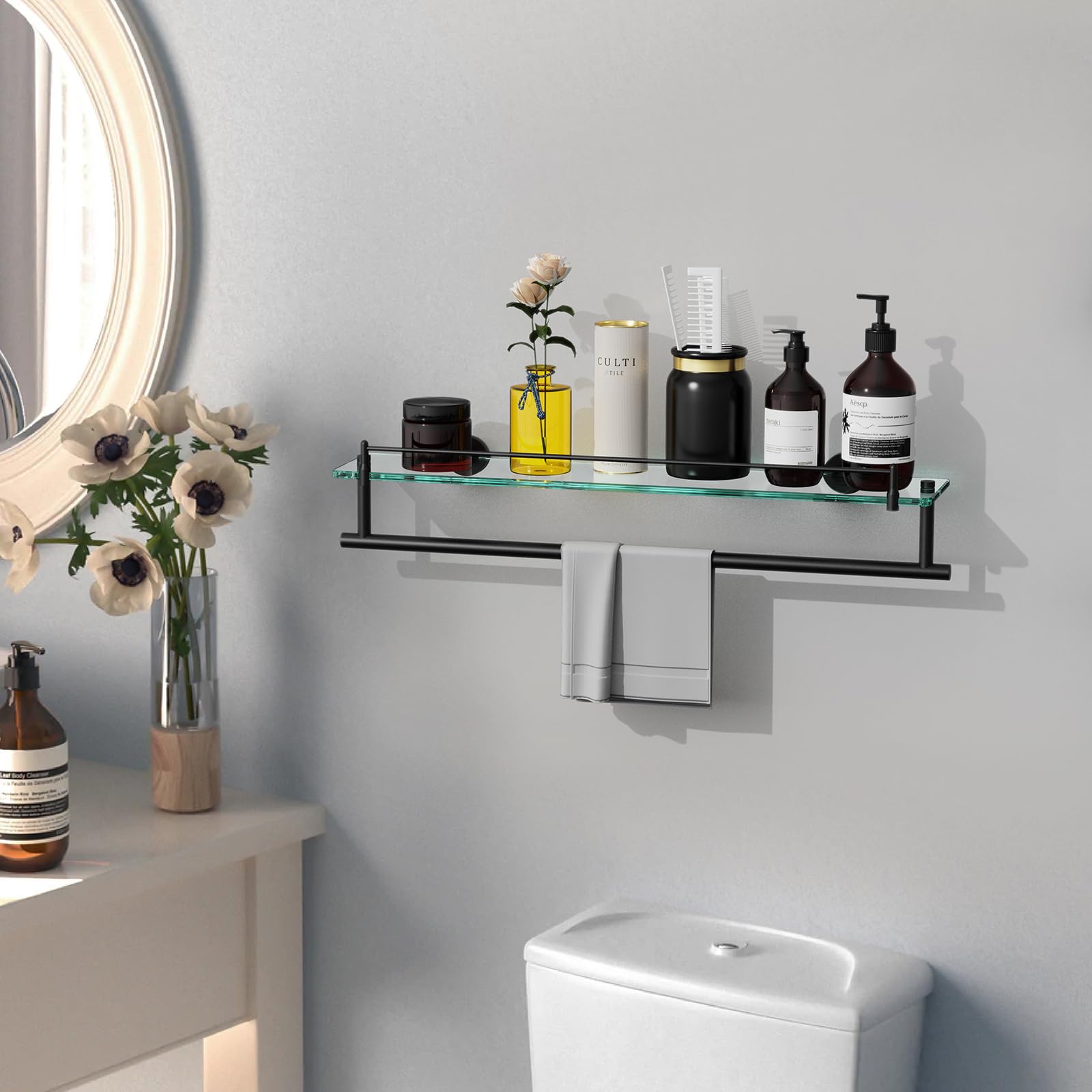 Kocok Glass Shelves For Bathroom With Towel Bar,24-Inch Black Rectangular Glass Shelf Bathroom Shelves With Towel Rack Modern Te