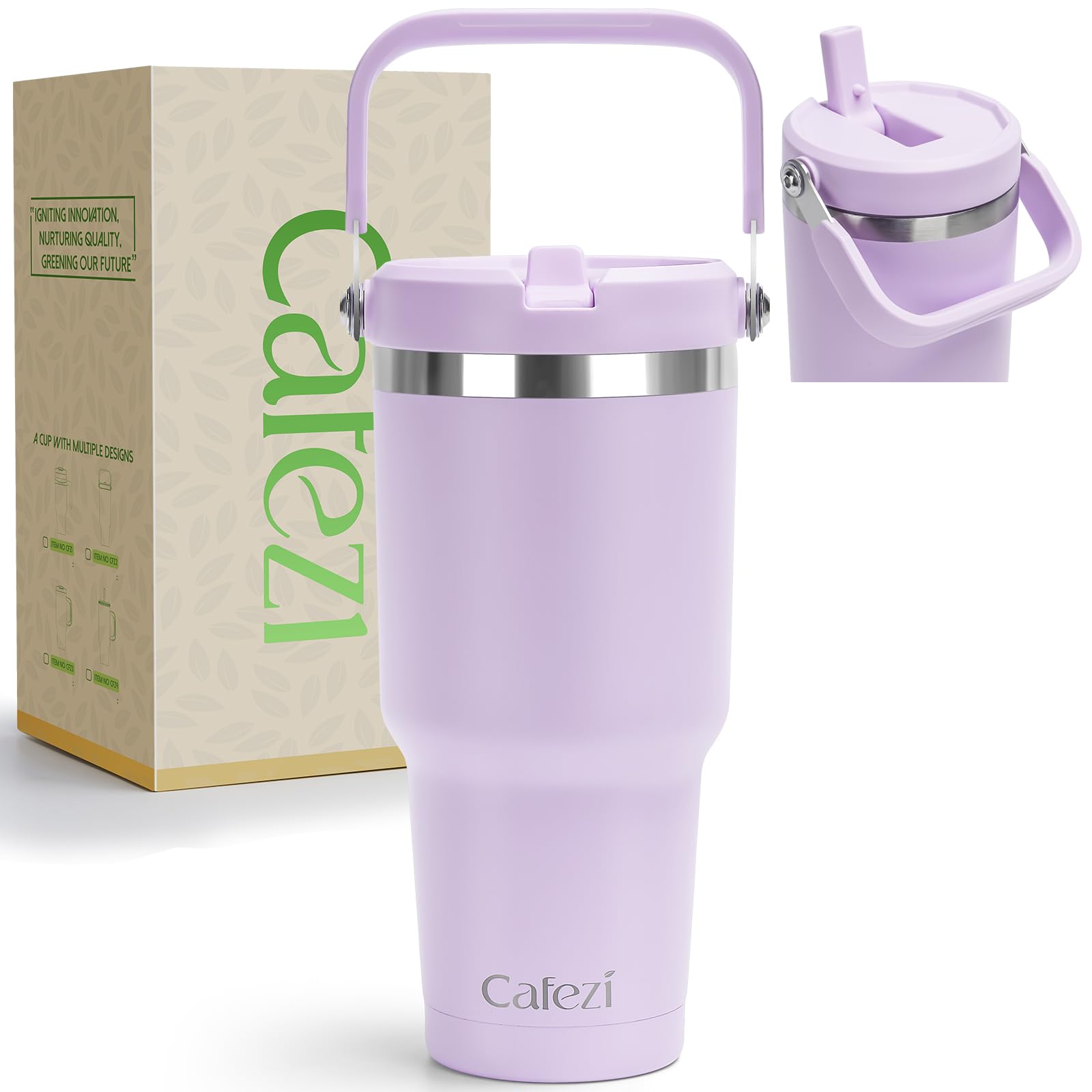 Cafezi 30 oz Tumbler with Handle, Vacuum Insulated Tumblers with Flip Straw and Top Handle, Reusable Insulated Cup for Home, Out