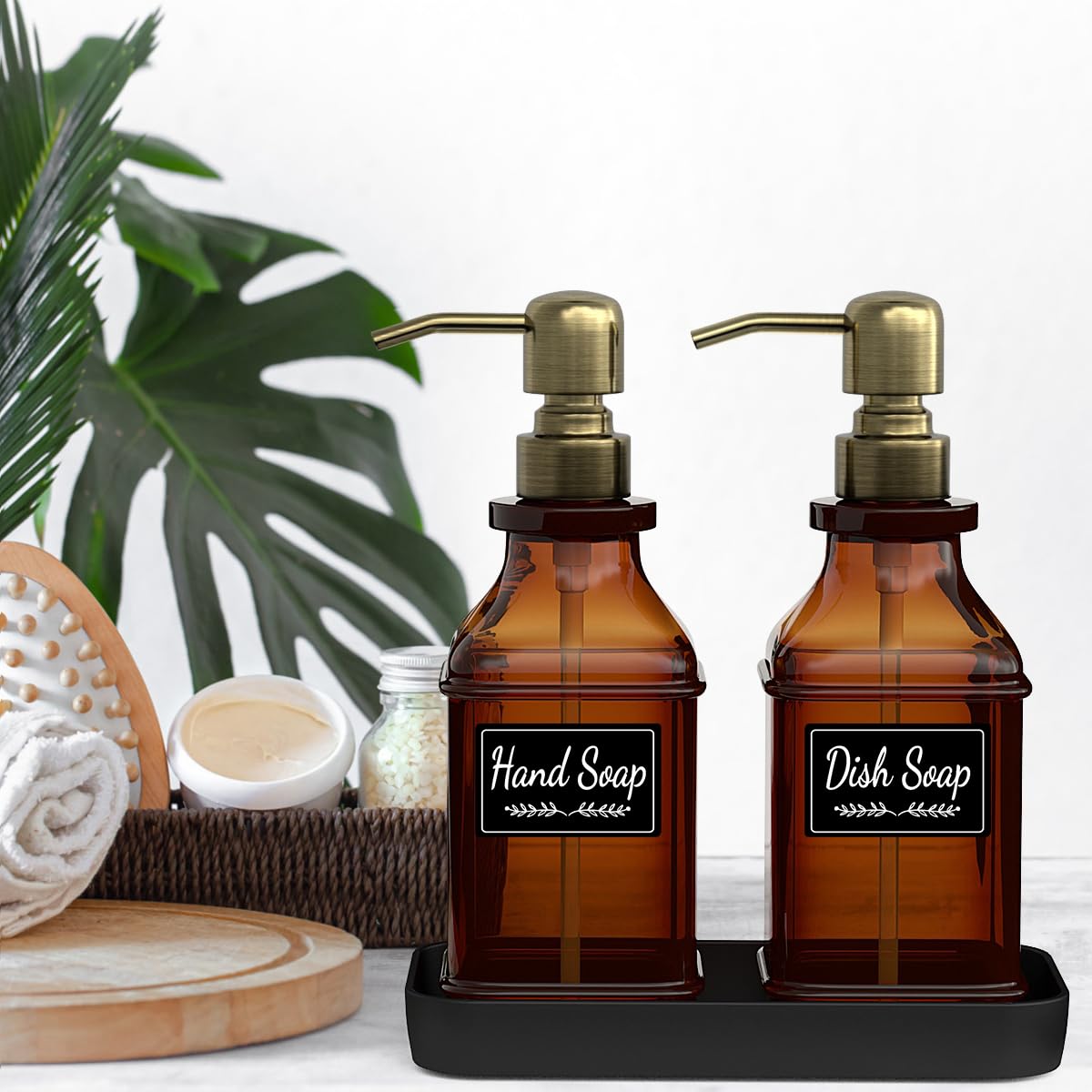 Lmqml Soap Dispenser - 2 Pack, Antique Design Thick Amber Glass Hand Soap Dispensers With Sturdy Tray; 304 Rust Proof Stainless