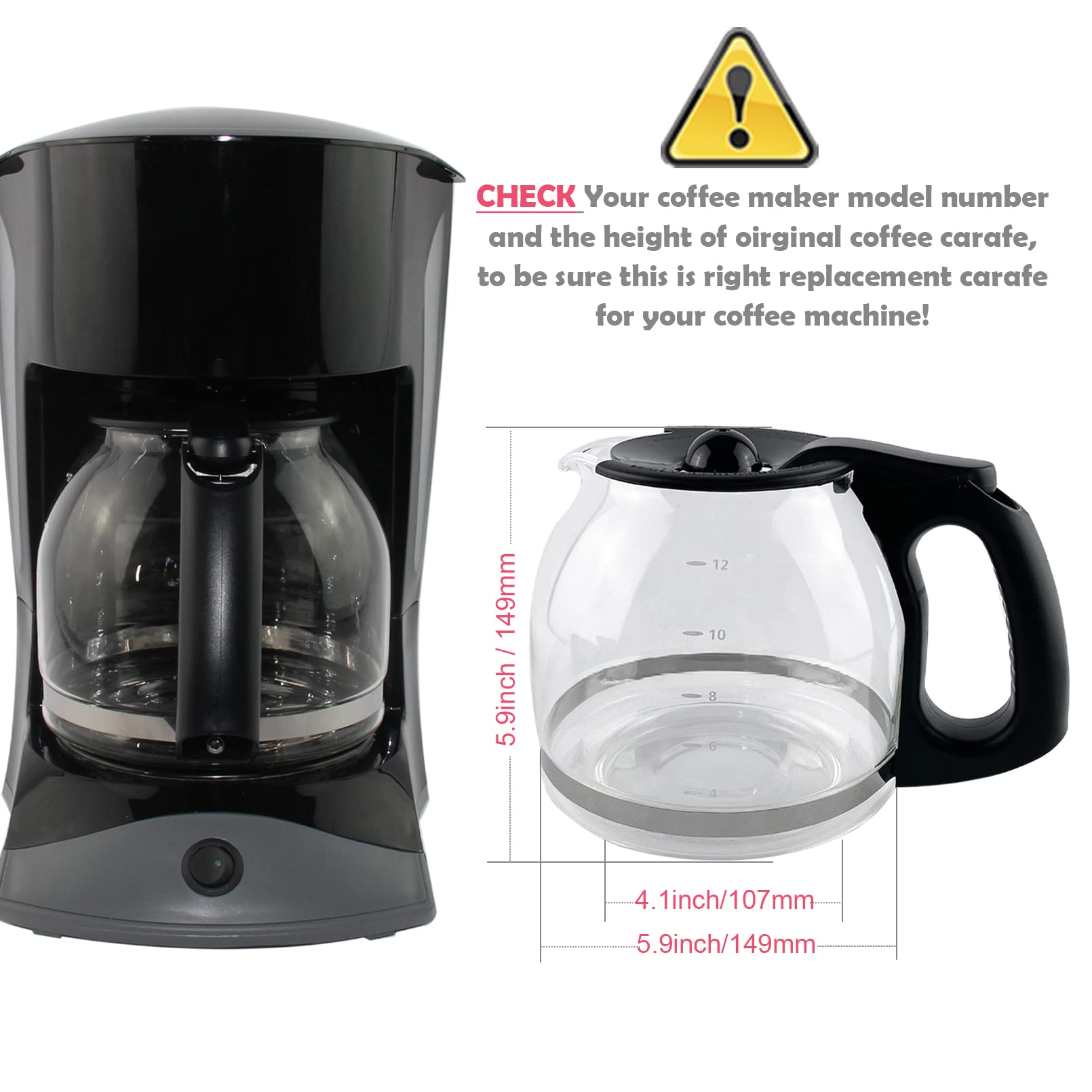 12-Cup Replacement Coffee Carafe Compatible With Mr. Coffee Coffee Maker Pot, Replace Part# Pld12 Pld12-Rb Series, Black Handle