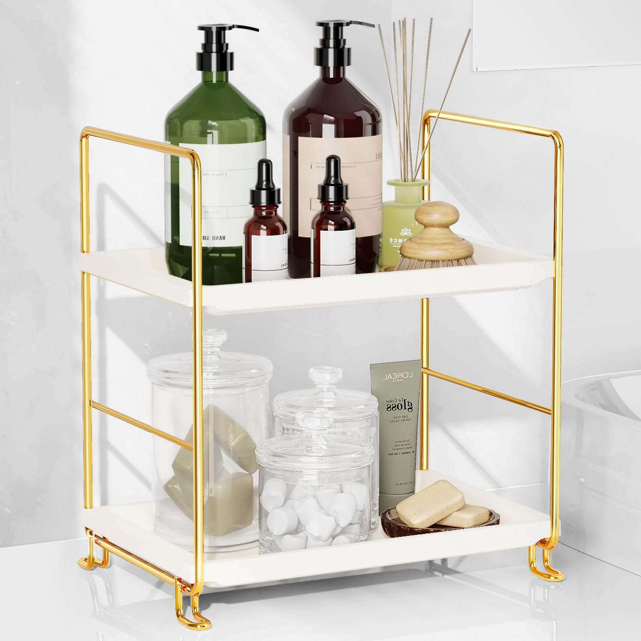 Fsyueyun 2-Tier Bathroom Countertop Organizer, Tool-Less Installation Premium Plastics Makeup Perfume Organizer Skincare Shelf F
