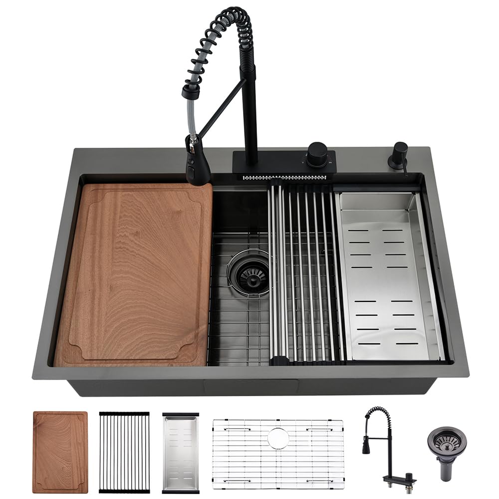 Boomhoze Black Stainless Steel Waterfall Kitchen Sink, 33X22 Workstation Drop In Kitchen Sink With Faucet Combo 16 Gauge Top Mou