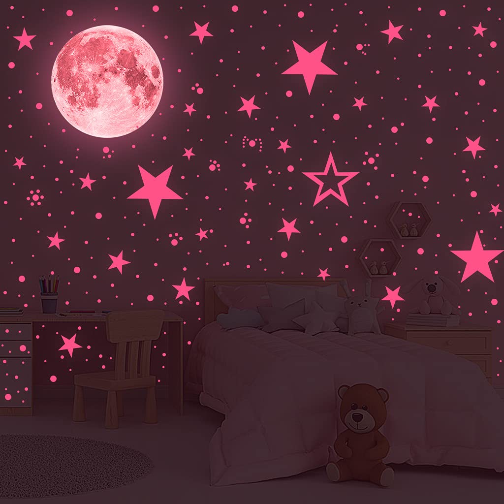 Glow In The Dark Stars And Moon Stickers For Ceiling, Luminous Wall Decals Decor For Bedroom Living Room, 407 Dots + 27 Stars +