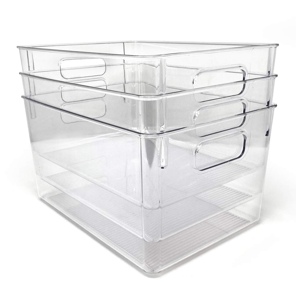 Isaac Jacobs 3-Pack Large Clear Storage Bins With Handles, Plastic Organizer For Home, Room, Office, Fridge, Kitchen/Pantry Non-