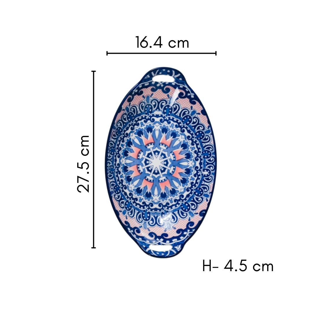 Nestasia Blue Mandala Ceramic Long Dish with Handles for Serving Snacks, Appetizers, Salads, and Noodles| Microwave Safe, Dishwa