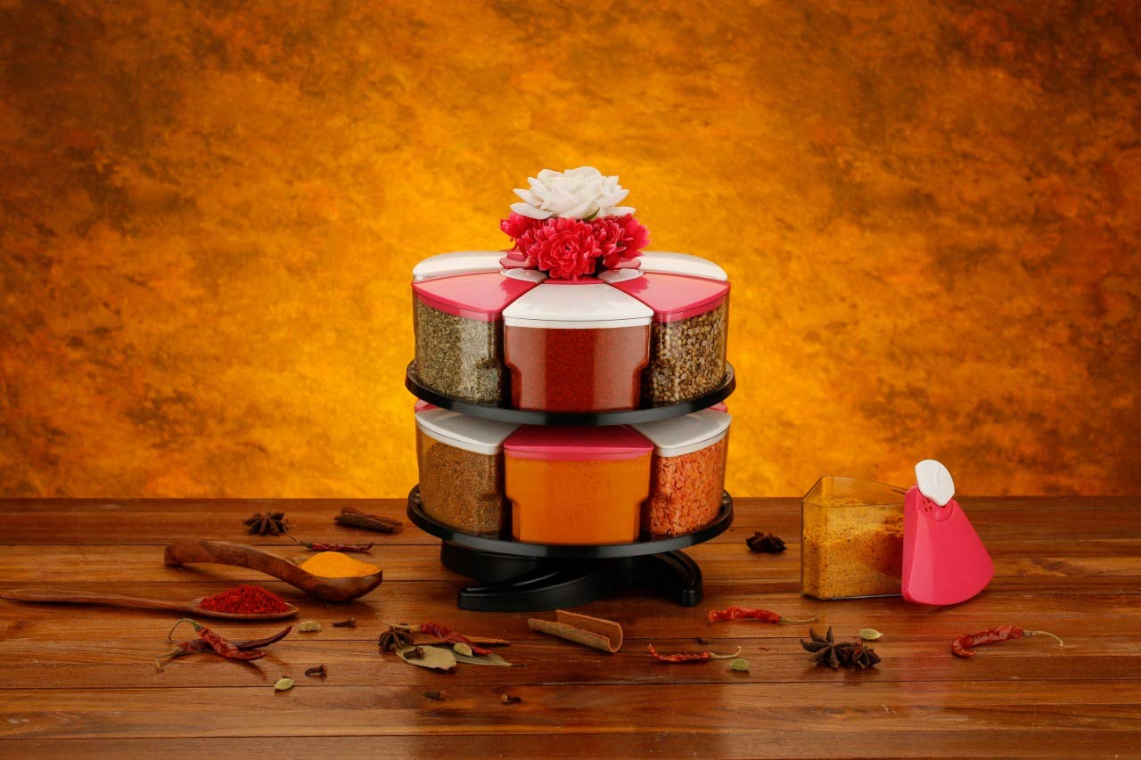 Pramukh Fashion 360 Degree Revolving Round Shape Transparent Pack Of 12 Jar Spice Rack/Container 2 Layer Spice Rack Pink