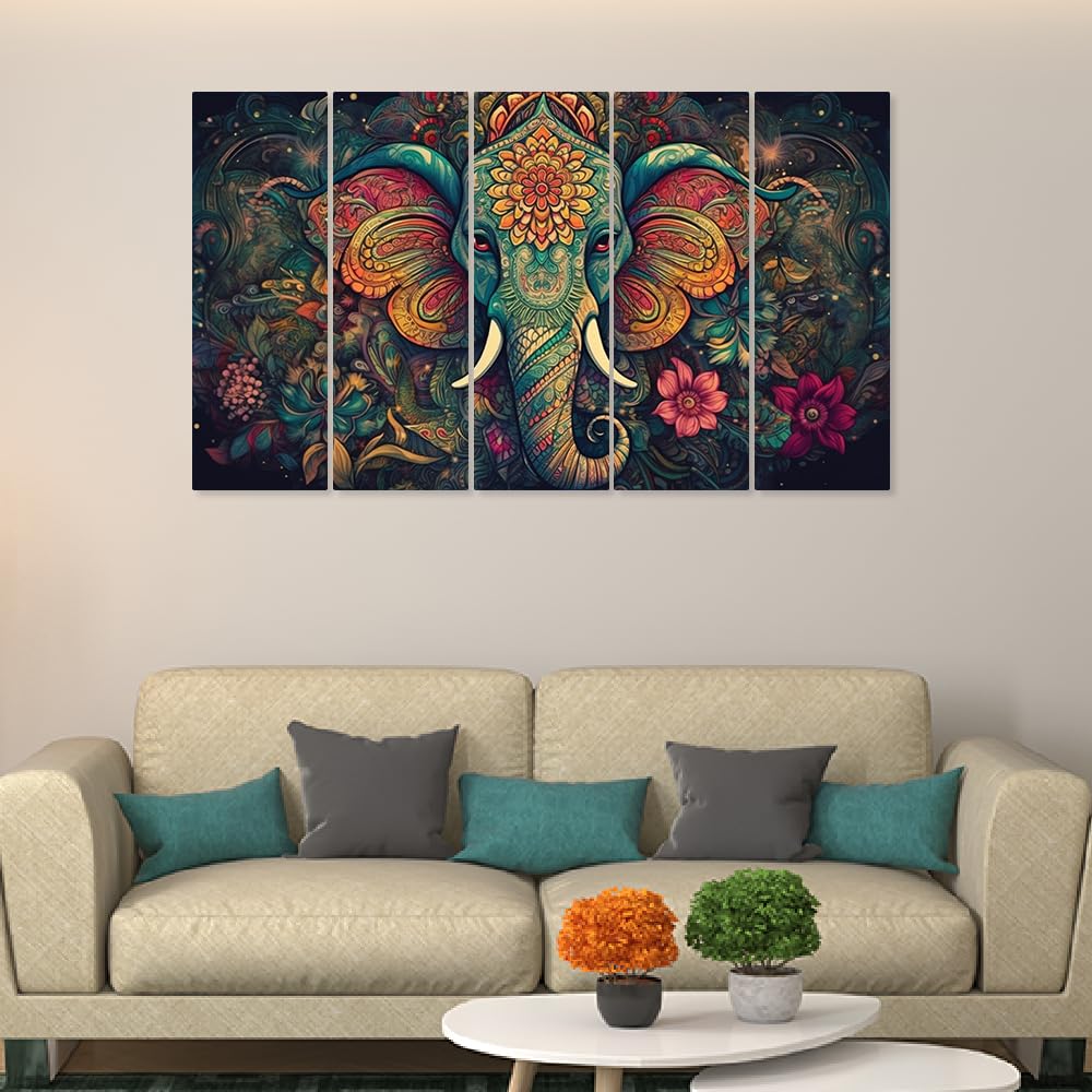 DEKORSTATION Vastu Multicolor Elephant Head Multiple Frames Canvas Wall Painting for Living Room, bedroom and Office Decoration 