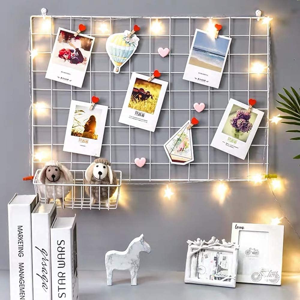 Creativebuzz Steel Grid Photo Frame For Wall With 10 Wooden Deginer Clips | Diy Metal Mesh Wire Grid For Photo Display, Wall Dec