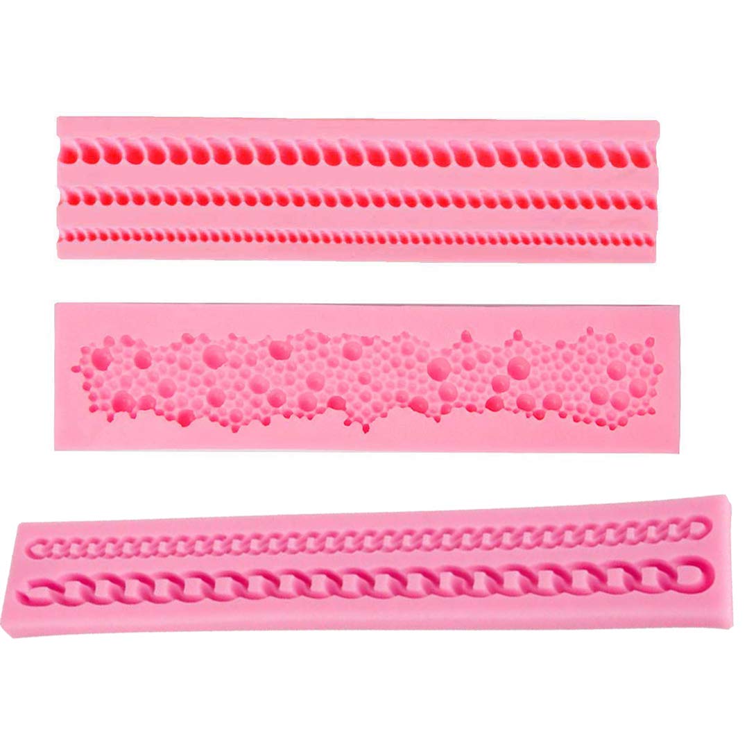 3-Pack Silicone Cake Border Mold Pearl Fonfant Mould Rope Bead Lace Border Mold Chain Mold For Sugar Craft Cupcake Toppers Weddi