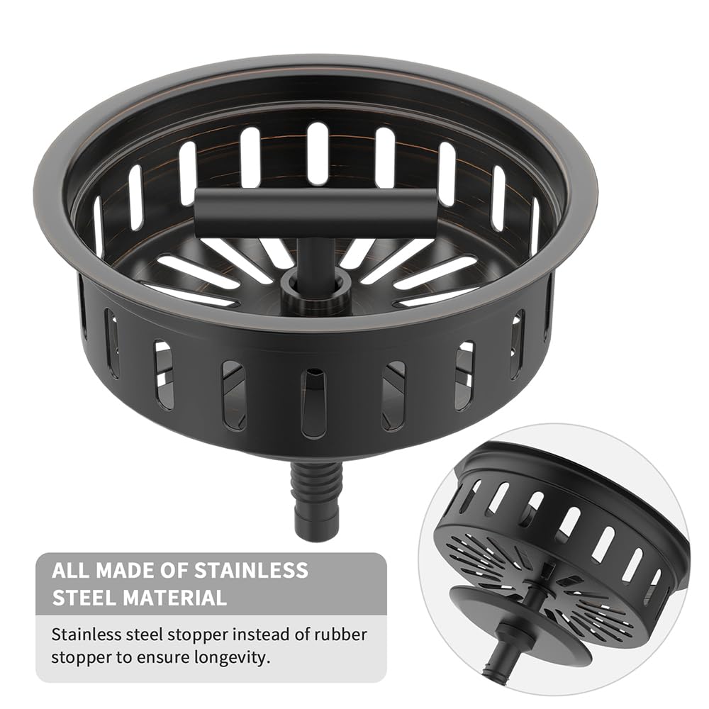 KONE 3-1/2 Inch Bronze Kitchen Sink Drain Oil Rubbed Bronze Stainless Steel Sink Drain Assembly Kit with Strainer Basket/Drain Stopper  Durable ORB Replacement for Standard Commercial Sink Drains