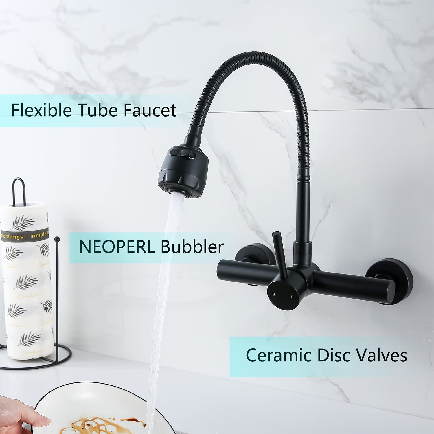 Zhyich Kitchen Sink Faucet Wall Mount With Sprayer, Stainless Steel Mixer Tap, Matte Black Finish, Nsf And Lead-Free Certified F