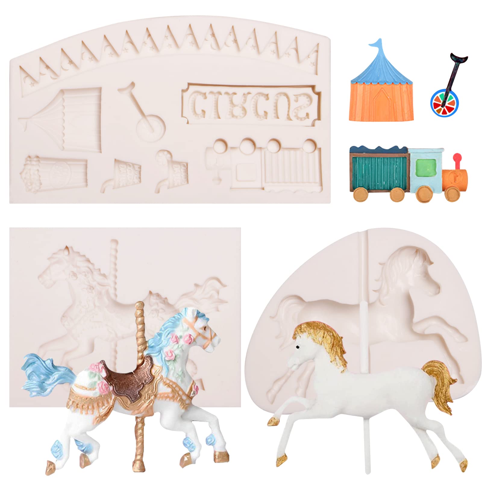 3D Carousel Horse Silicone Molds 3 Pcs, Circus Fondant Mold For Cake Decoration, Candy Sugar Cupcake Topper Cake Pop Popsicle, B