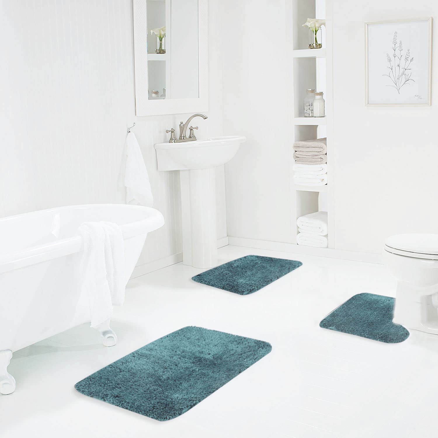 Walensee Shaggy 2 Piece Bath Rug Sets (Teal) 20 X 24 U Shape Contour Rug & 20 X 32 Bathroom Rug Machine Wash/Dry Bath Mats For B