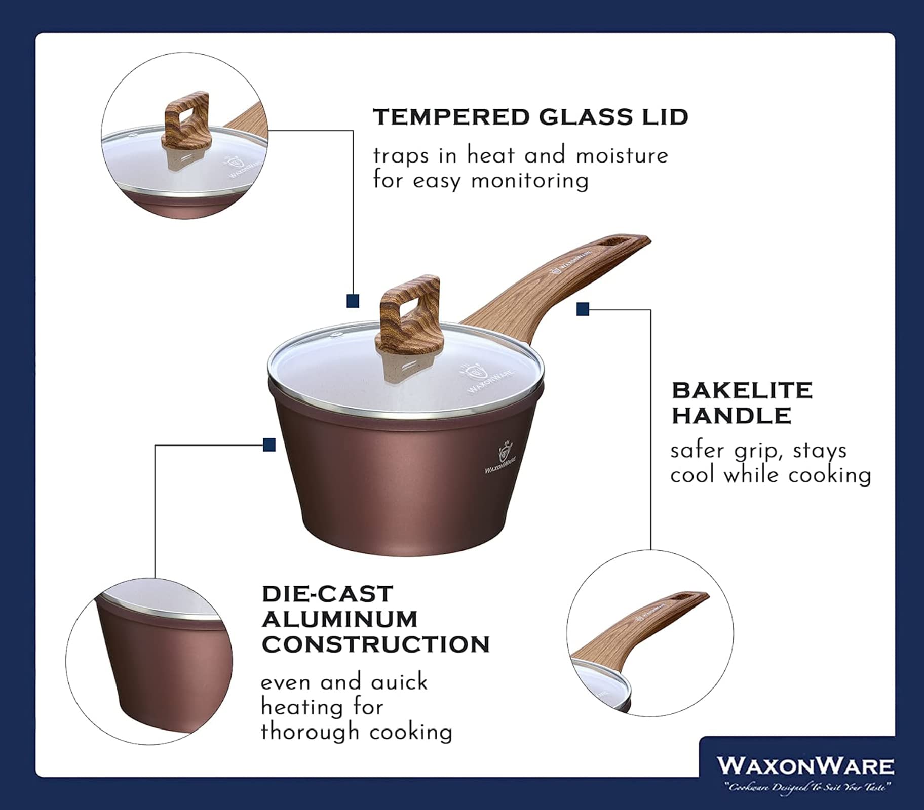 Waxonware 2 Qt Nonstick Sauce Pan & Cooking Pot - Induction Compatible, Marbellous Coating (A 100% Pfoa Free Coating Made In Ger
