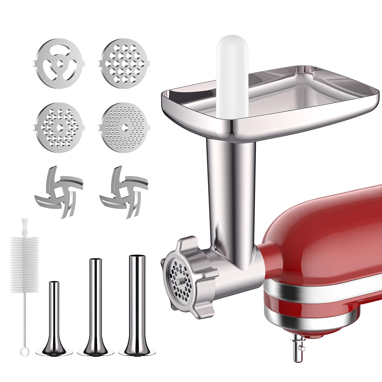 Metal Meat Grinder Attachment For Kitchenaid Stand Mixers, Meat Grinder Attachment Includes 4 Grinding Plates, 3 Sausage Stuffer