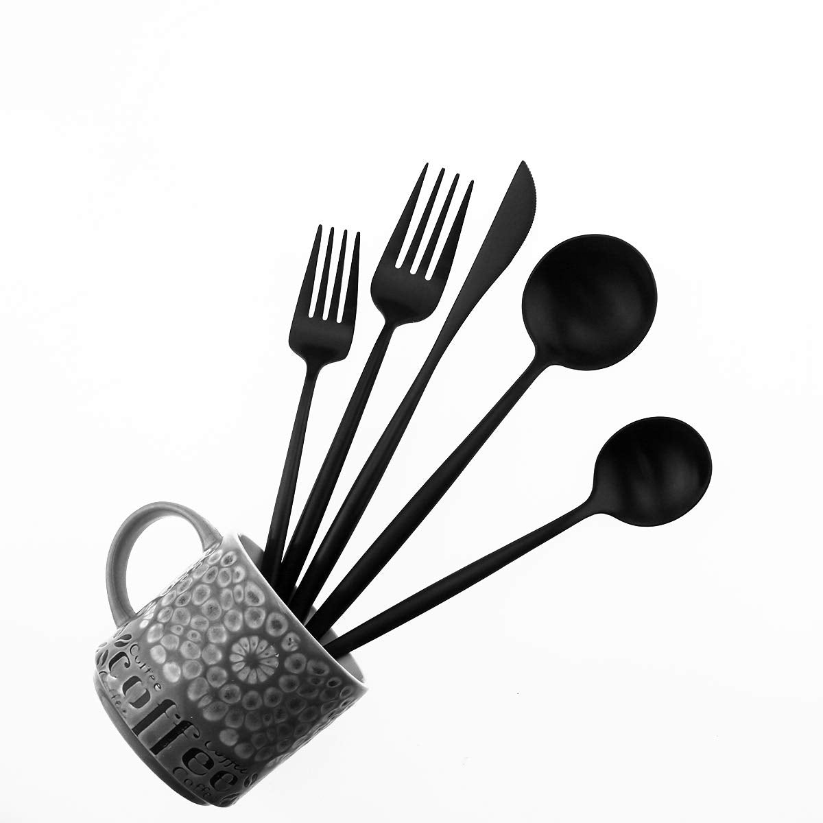 Matte Balck Silverware Set Gugrida 5-Piece 18/10 Stainless Steel Satin Finish Flatware Set Kitchen Utensil Set Tableware Travel Cutlery Set for Camping Office or School Lunch  Dishwasher Safe