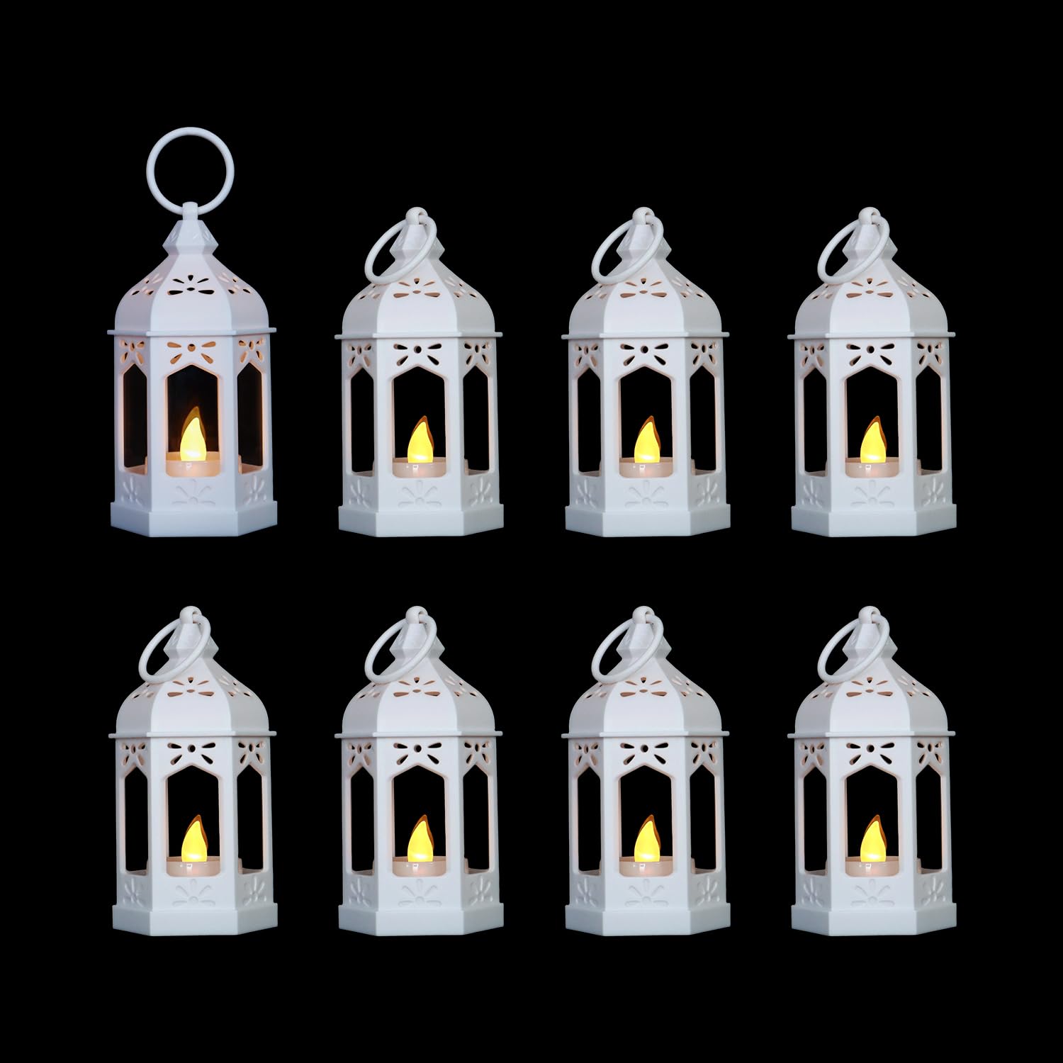 LLQ 8 Pcs Mini Lantern Decor Moroccan Lantern with Flickering LED Candle Table Centerpiece Small Vintage Wedding Hanging Lamp Or