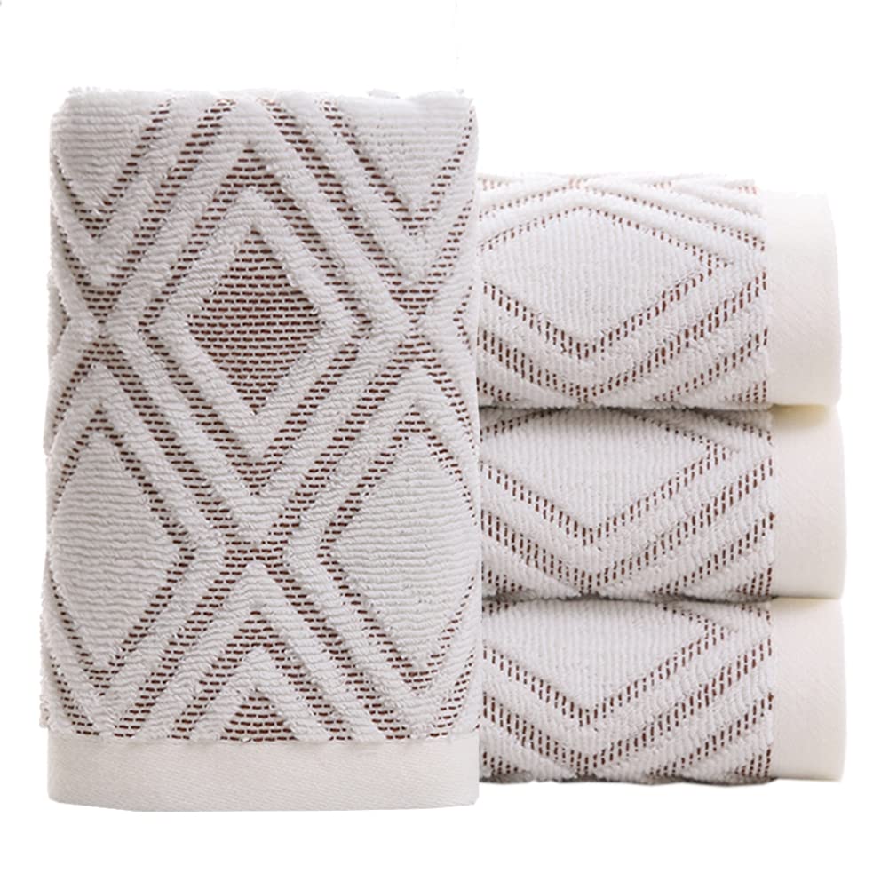 Pidada Hand Towels Set Of 4 Diamond Pattern 100% Cotton Absorbent Soft Decorative Towel For Bathroom 13.4 X 29.5 Inch (Beige Bro
