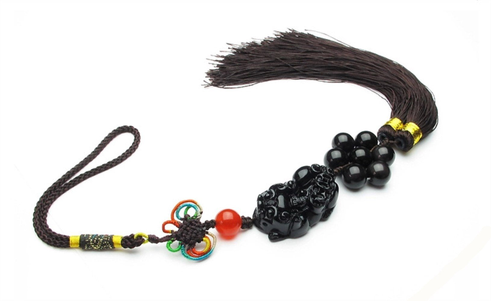 Feng Shui Black Obsidian Pi Yao Pi Xiu Car Wall Charm Hanging Tassel Ornament for Wealth Luck