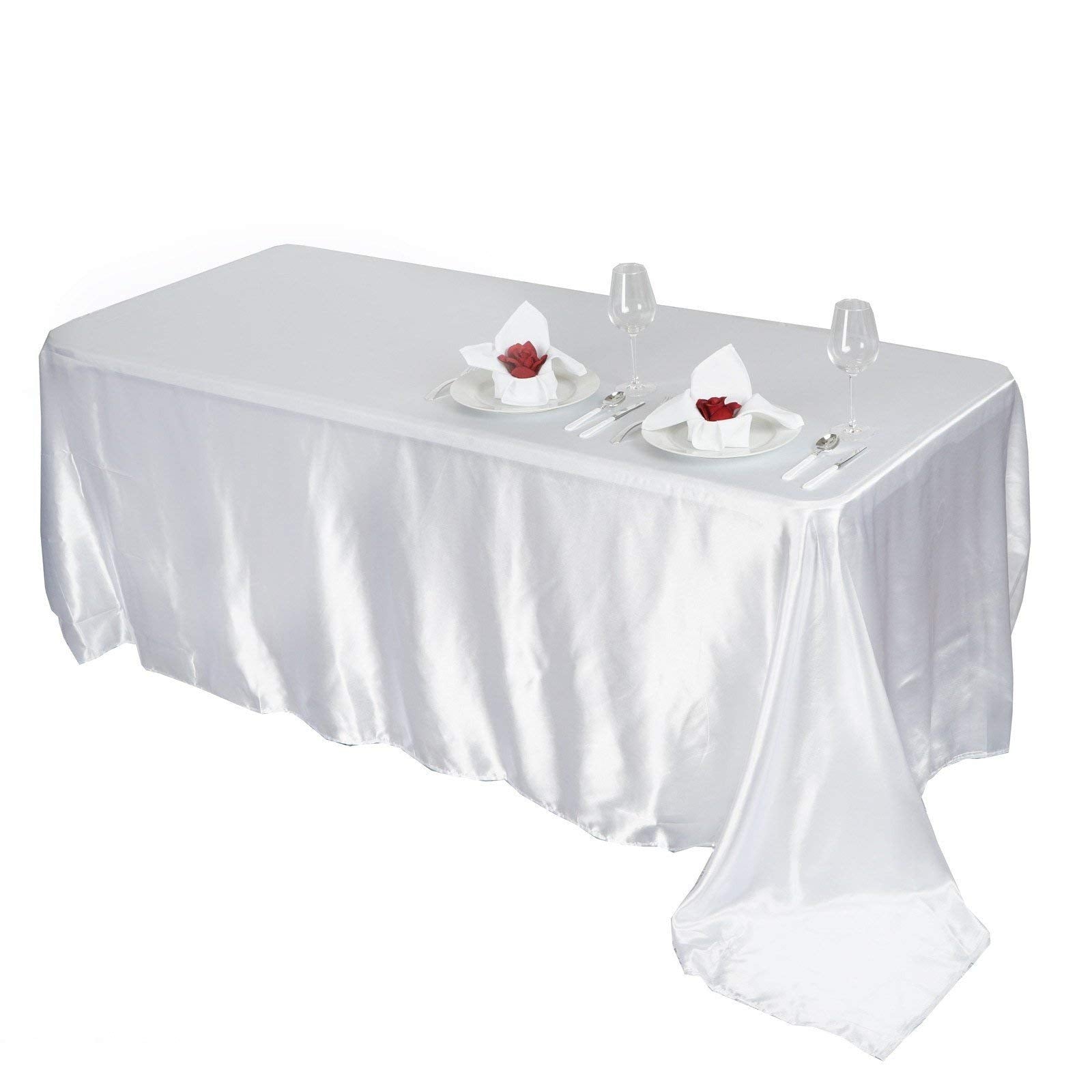Balsacircle 90X156 Inch White Satin Rectangle Tablecloth Table Cover Linens For Wedding Table Cloth Party Reception Events Kitch