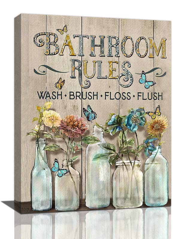 Shuweienphant Farmhouse Bathroom Wall Art Flower Butterfly Floral Pictures Wall Decor Bathroom Rules Mason Jar Canvas Painting P