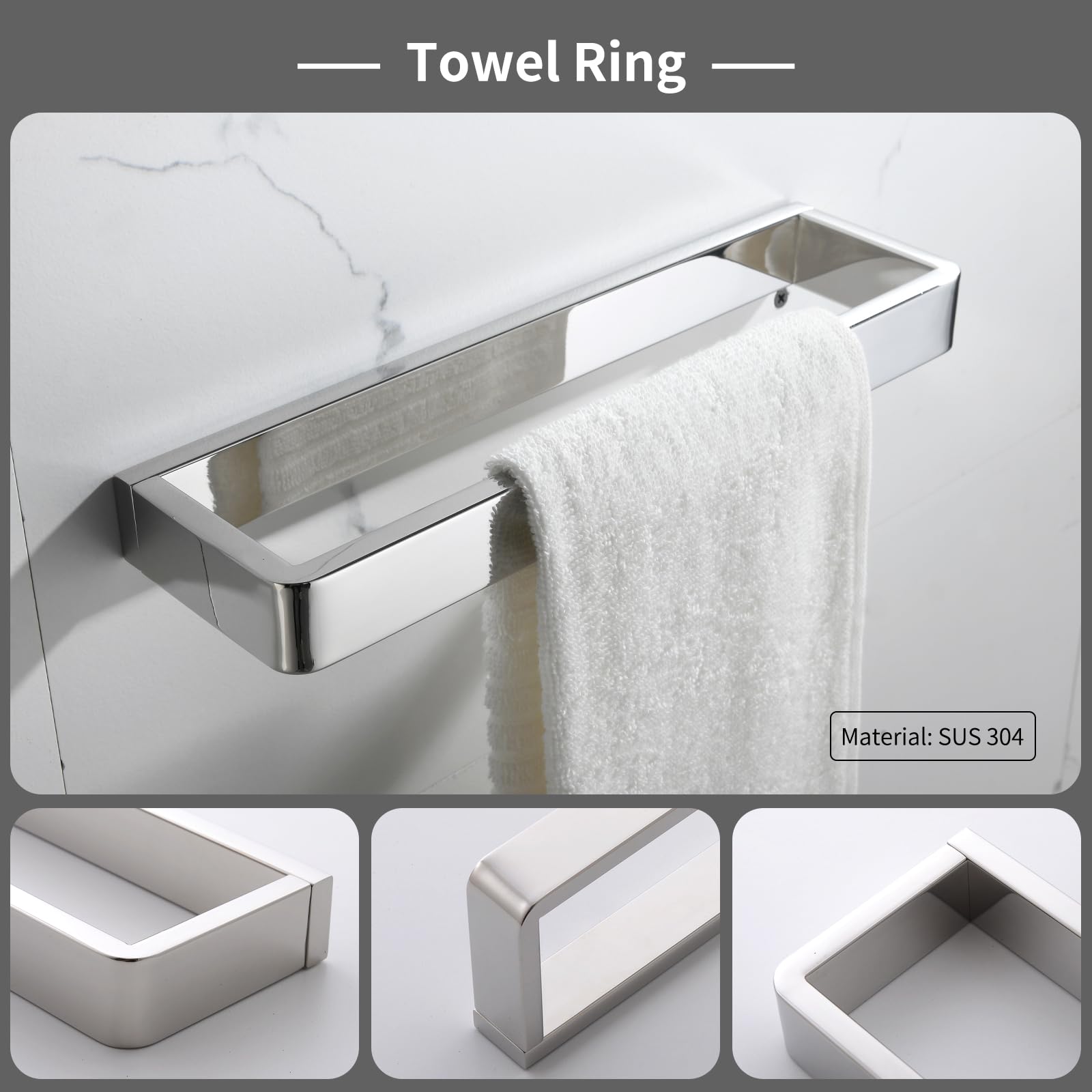 Yacvcl 4-Piece Bathroom Hardware Accessories Set Polished Chrome Towel Bar Set Square Towel Holder Kit Stainless Steel Wall Moun