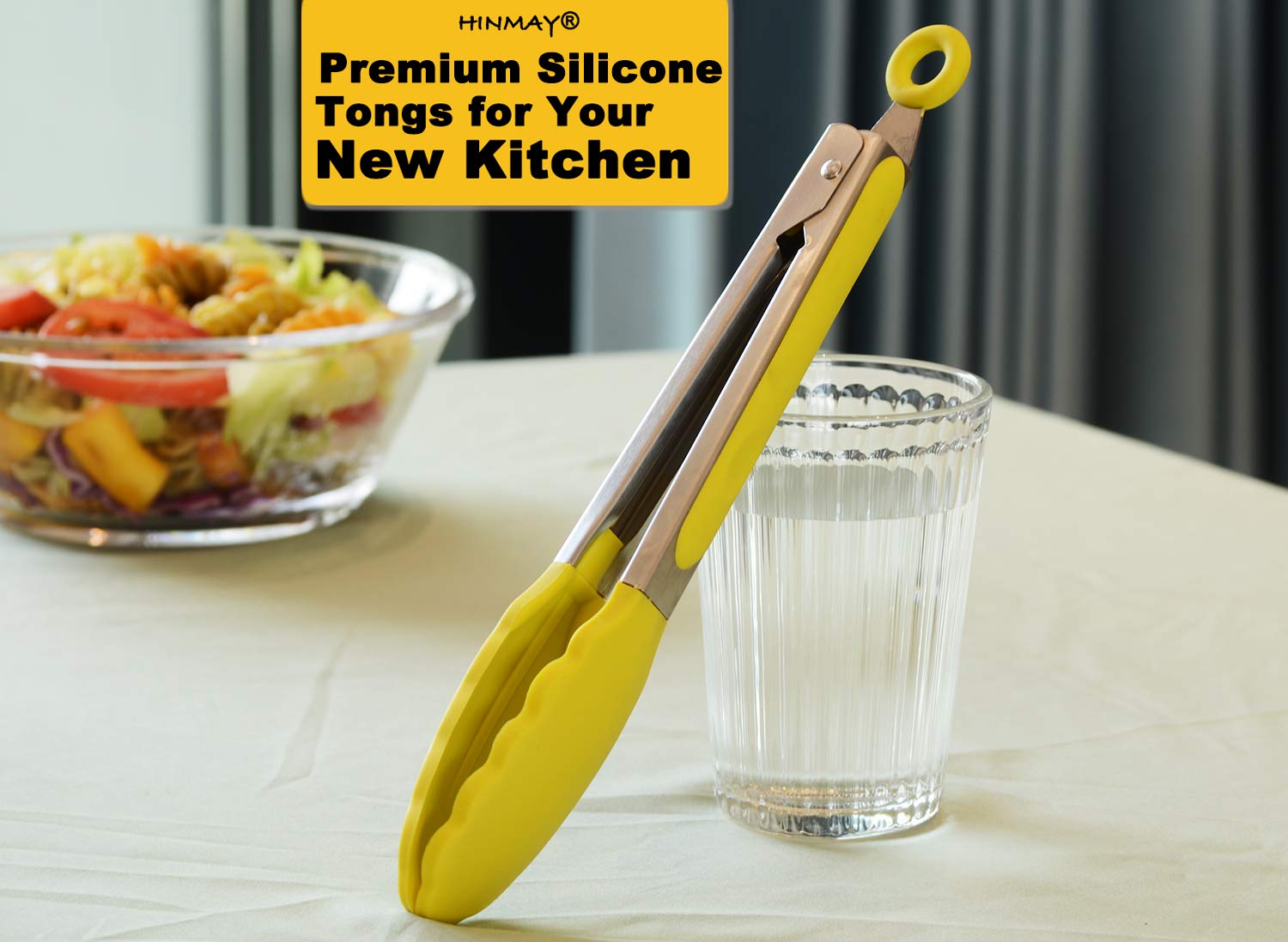 Hinmay Silicone Tipped Tongs 9-Inch Kitchen Cooking Tongs, Set Of 3 (Yellow)