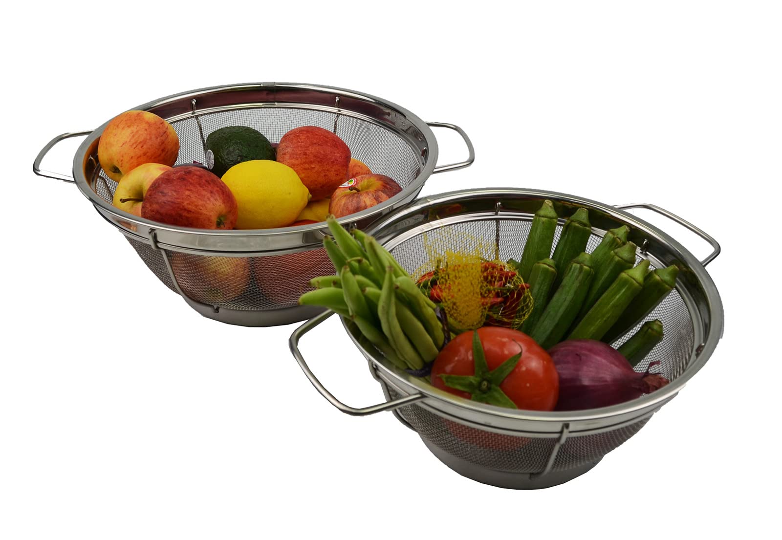 Sammart Stainless Steel Mesh Colander With Handle - Basket With Resting Base - Net Strainer Basket For Vegetable And Fruits (2,