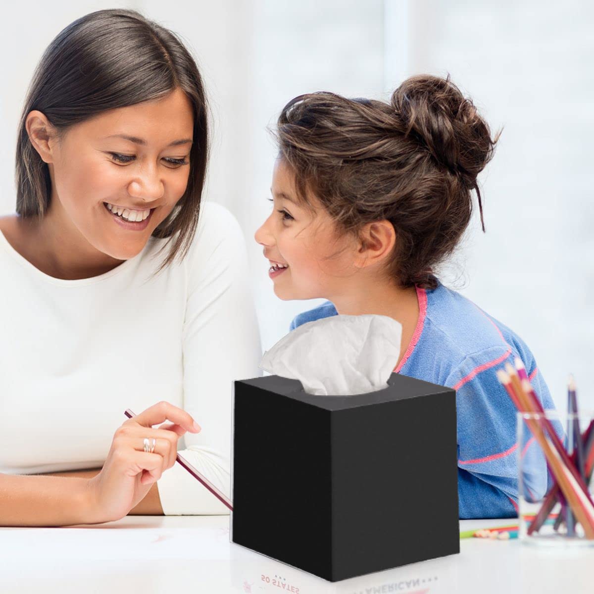 Black Tissue Box Cover Square - Plastic Facial Tissue Box Holder - Decorative Cube Tissue Holder Vessel Dispenser Fits Any Vanit