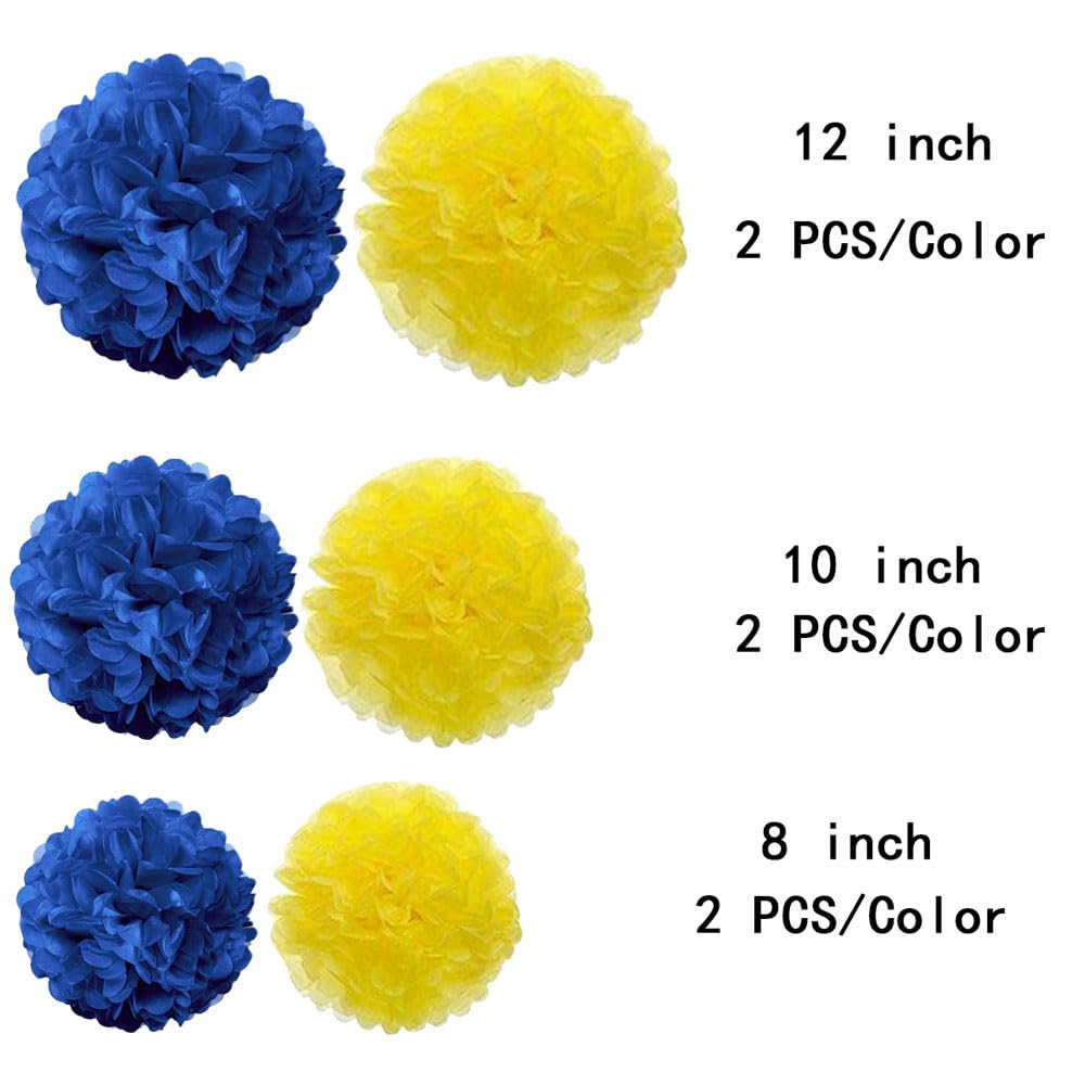 Blue and Yellow Paper Pom Poms Blue Yellow Tissue Pom Poms Hanging Decorations Blue Yellow Party Decorations(12 PCS)