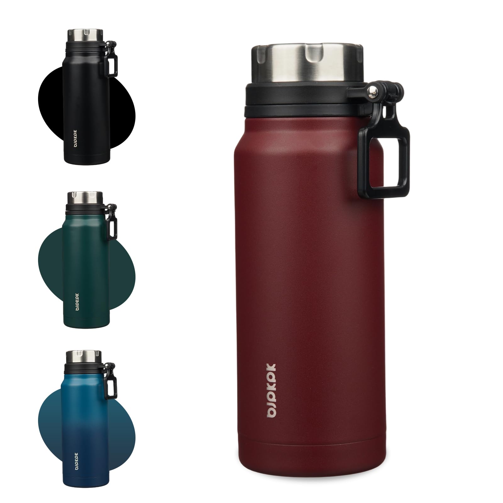 BJPKPK 32oz Insulated Water Bottle with Handle BPA Free Stainless Steel Travel Thermal Flask Reusable Large Water Bottle,Deep Re