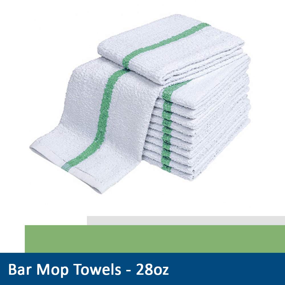28Oz Bar Mop Towels 16X19, 100% Cotton, Commercial Grade Professional Kitchen/Restaurant Barmop Towels (Green Stripe-120 Pack)
